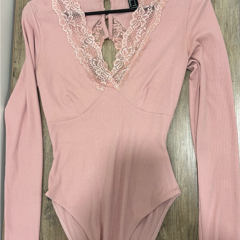 Forever 21 Pink Lace V-Neck Bodysuit